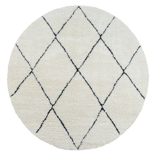 Tapis Bahar Shaggy Moderne Losange, Blanc Noir, 120 Cm Ronde