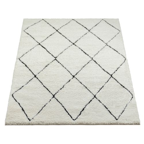Tapis Bahar Shaggy Moderne Losange, Blanc Noir, 140x200 Cm