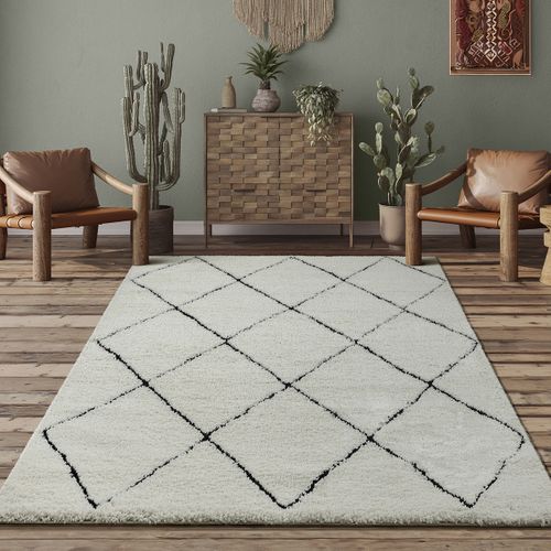Tapis Bahar Shaggy Moderne Losange, Blanc Noir, 160x230 Cm