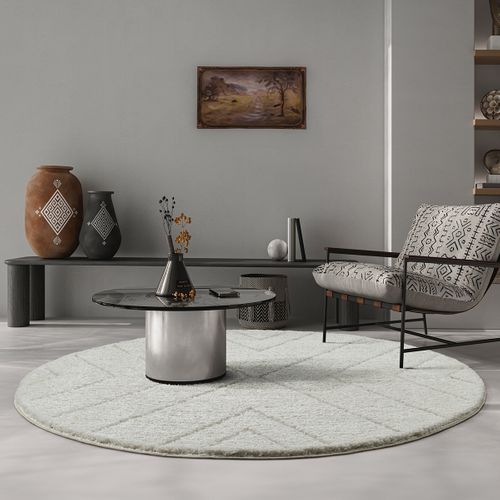 Tapis Bahar Shaggy Motif Triangle, Crème, 160 Cm Ronde