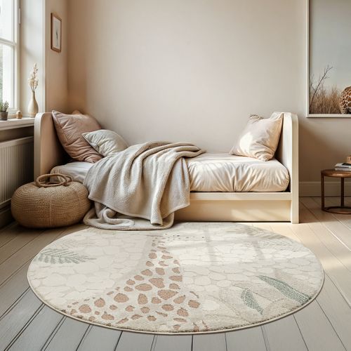 Tapis Jungle Kids Chambre Enfant 3d Résistant - Crème - 120 Cm Ronde