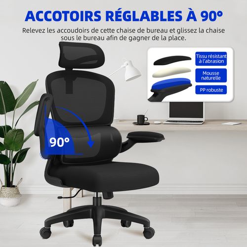 Fauteuil De Bureau Ergonomique, Accoudoirs Pliables, Soutien Lombaire, 2 Jeux De Roulettes，noir