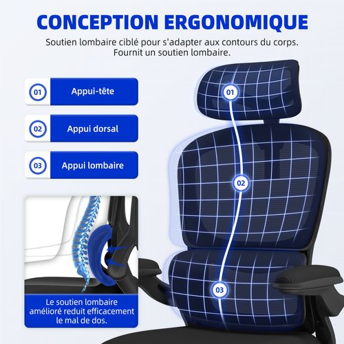 Fauteuil De Bureau Ergonomique, Accoudoirs Pliables, Soutien Lombaire, 2 Jeux De Roulettes，noir