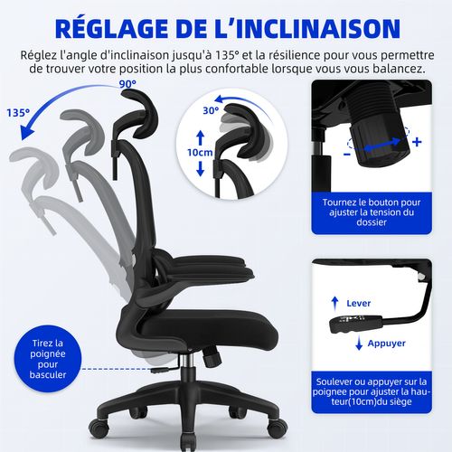 Fauteuil De Bureau Ergonomique, Accoudoirs Pliables, Soutien Lombaire, 2 Jeux De Roulettes，noir