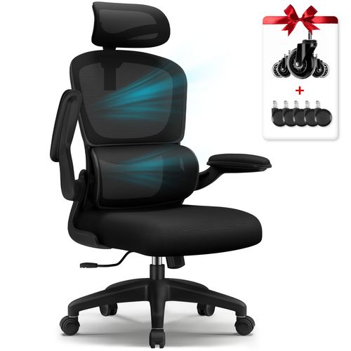 Fauteuil De Bureau Ergonomique, Accoudoirs Pliables, Soutien Lombaire, 2 Jeux De Roulettes，noir