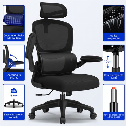 Fauteuil De Bureau Ergonomique, Accoudoirs Pliables, Soutien Lombaire, 2 Jeux De Roulettes，noir