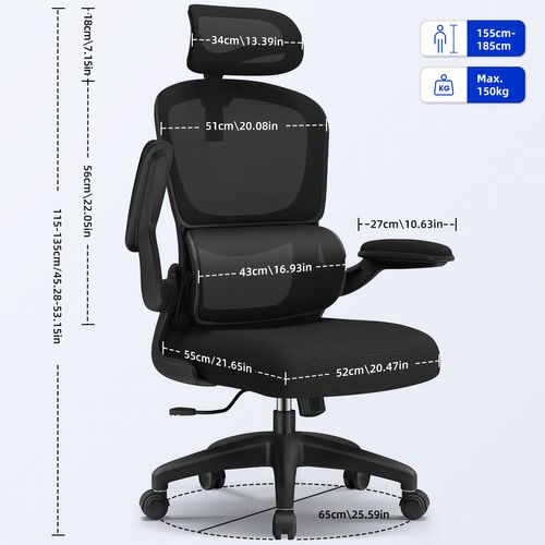 Fauteuil De Bureau Ergonomique, Accoudoirs Pliables, Soutien Lombaire, 2 Jeux De Roulettes，noir