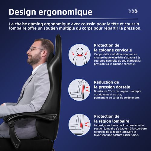 Chaise Gaming,fauteuil Gamer Avec Coussin Lombaire Et Repose-pieds,charge 150kg,noir