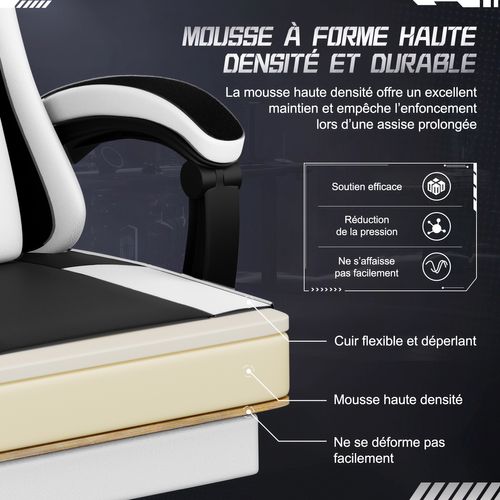 Chaise Gaming, Fauteuil Gaming Inclinable 90-165°, Repose-pieds Extensible, Noir/blanc