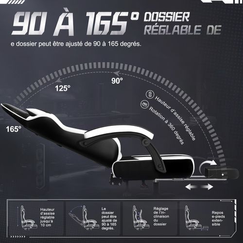 Chaise Gaming, Fauteuil Gaming Inclinable 90-165°, Repose-pieds Extensible, Noir/blanc