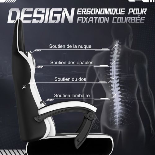 Chaise Gaming, Fauteuil Gaming Inclinable 90-165°, Repose-pieds Extensible, Noir/blanc
