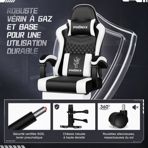 Chaise Gaming, Fauteuil Gaming Inclinable 90-165°, Repose-pieds Extensible, Noir/blanc