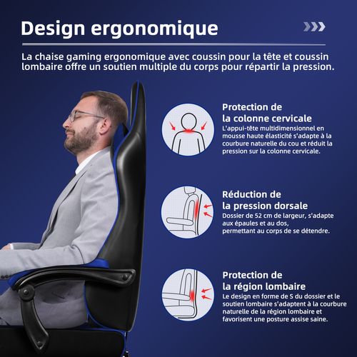 Chaise Gaming Ergonomique, Fauteuil Gaming Inclinable 90°à 170°,charge 150kg，noir-bleu