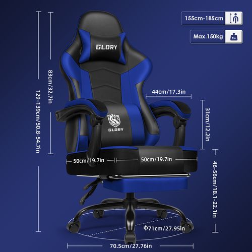 Chaise Gaming Ergonomique, Fauteuil Gaming Inclinable 90°à 170°,charge 150kg，noir-bleu