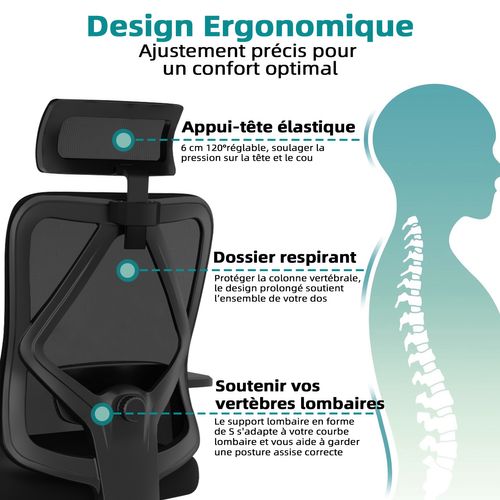 Fauteuil De Bureau, Inclinable Verrouillable De 90° à 135°, Avec Coussin Lombaire, Roulettes ×2