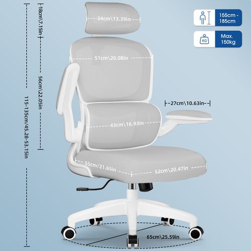 Fauteuil De Bureau, Accoudoirs Pliable, Inclinable, Soutien Lombaire Ergonomique,gris