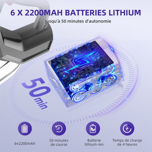 Aspirateur Balai 45KPA, Puissant 5en1, 50min D'autonomie, Batterie 6 X 2200 Mah, Capacité 1.3L