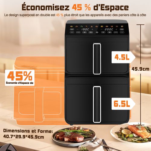 Friteuse à Air 11 L, Double Paniers Verticaux, Friteuse à Air Chaud Multifonction 11-en-1.