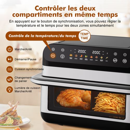 Friteuse à Air 10l Dual Easy Fry Grill Friteuse Sans Huile Capacité XXL Air Fryer Argenté
