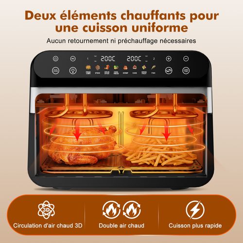 Friteuse à Air 10l Dual Easy Fry Grill Friteuse Sans Huile Capacité XXL Air Fryer Argenté