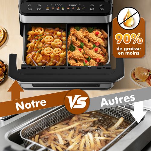 Friteuse à Air 10l Dual Easy Fry Grill Friteuse Sans Huile Capacité XXL Air Fryer Argenté