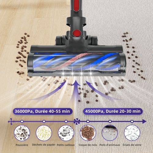 Aspirateur Balai Sans Fil 45kpa/1.6l/55mins D'autonomie,écran LED, 2 Vitesses, Anti-emmêlement