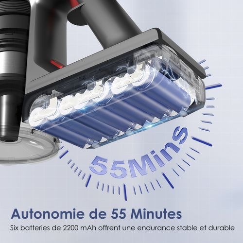 Aspirateur Balai Sans Fil 45kpa/1.6l/55mins D'autonomie,écran LED, 2 Vitesses, Anti-emmêlement