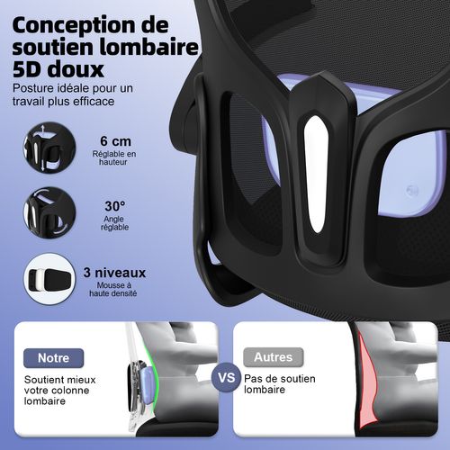 Fauteuil De Bureau Ergonomique, Chaise De Bureau, Lombaire Réglable , 2 Jeux De Roulettes, Noir