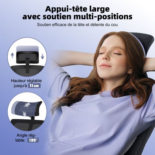 Fauteuil De Bureau Ergonomique, Chaise De Bureau, Lombaire Réglable , 2 Jeux De Roulettes, Noir