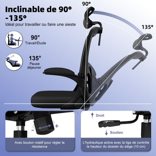 Fauteuil De Bureau Ergonomique, Chaise De Bureau, Lombaire Réglable , 2 Jeux De Roulettes, Noir