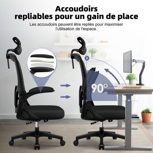Fauteuil De Bureau Ergonomique, Chaise De Bureau, Lombaire Réglable , 2 Jeux De Roulettes, Noir