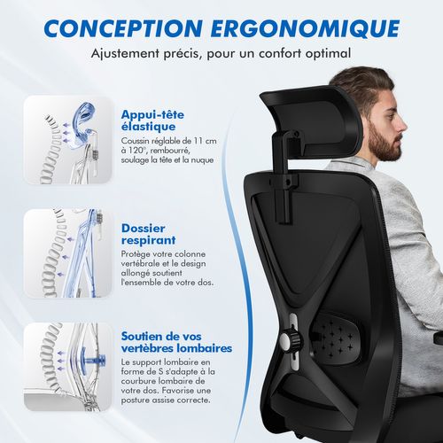 Fauteuil De Bureau Ergonomique, Chaise De Bureau Avec Support Lombaire 5d