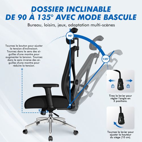 Fauteuil De Bureau Ergonomique, Chaise De Bureau Avec Support Lombaire 5d