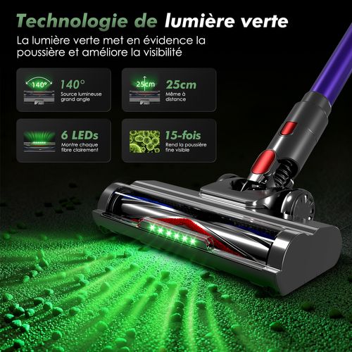 Aspirateur balai auto-portant puissant sans fil 40kpa/1.6L/60 Min MAX d'Autonomie, Lumière Verte