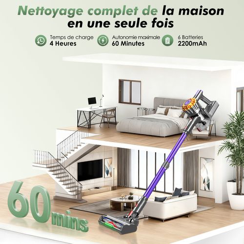 Aspirateur balai auto-portant puissant sans fil 40kpa/1.6L/60 Min MAX d'Autonomie, Lumière Verte