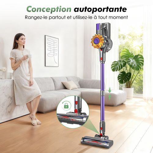 Aspirateur balai auto-portant puissant sans fil 40kpa/1.6L/60 Min MAX d'Autonomie, Lumière Verte