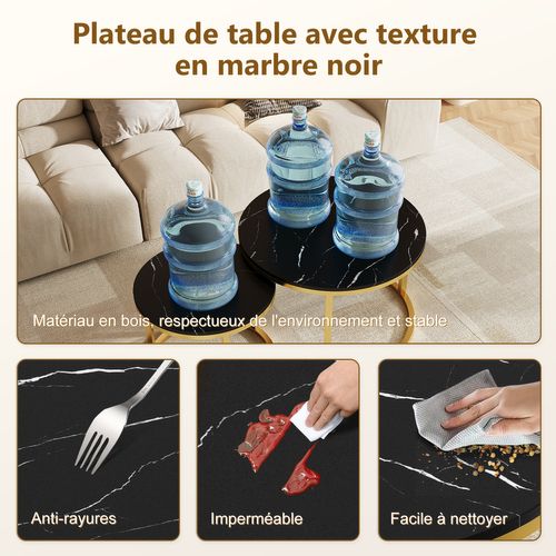 Table Basse, Lot De 2 Tables Basses Rondes Gigognes, 3 Modes De Disposition, Pieds En Métal, Noir