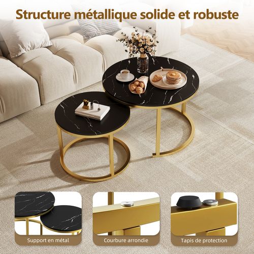 Table Basse, Lot De 2 Tables Basses Rondes Gigognes, 3 Modes De Disposition, Pieds En Métal, Noir