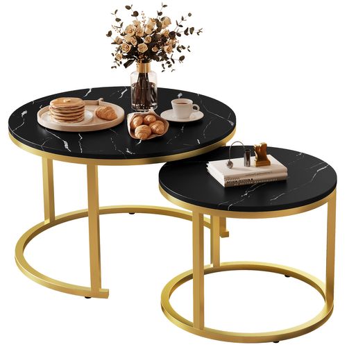 Table Basse, Lot De 2 Tables Basses Rondes Gigognes, 3 Modes De Disposition, Pieds En Métal, Noir