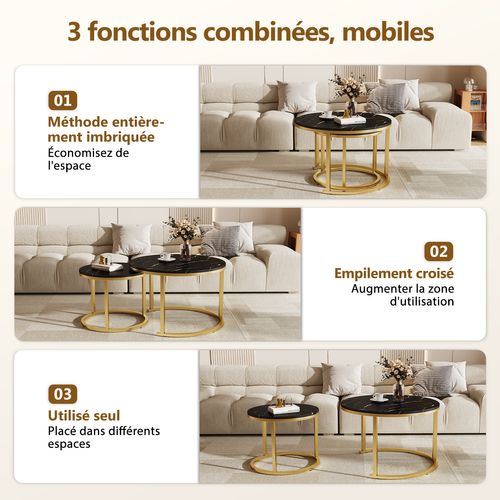 Table Basse, Lot De 2 Tables Basses Rondes Gigognes, 3 Modes De Disposition, Pieds En Métal, Noir