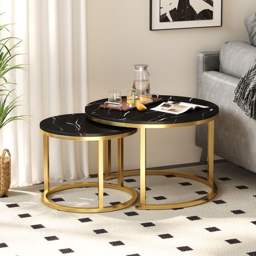 Table Basse, Lot De 2 Tables Basses Rondes Gigognes, 3 Modes De Disposition, Pieds En Métal, Noir