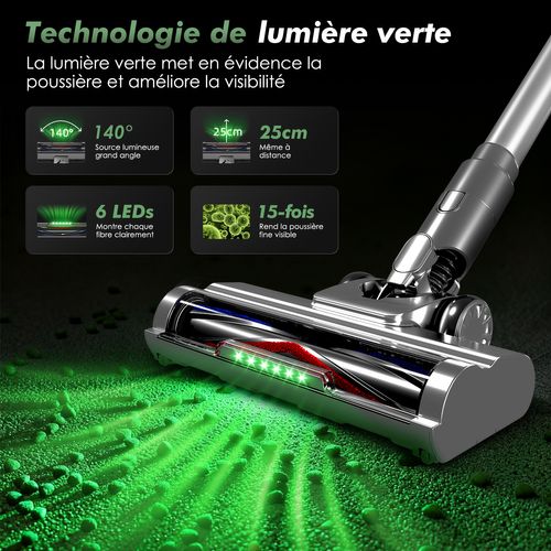 Aspirateur Balai Auto-portant Puissant Sans Fil 40kpa/1.6l/60 Min Max D'autonomie, Lumière Verte
