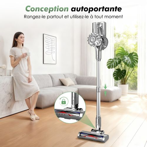 Aspirateur Balai Auto-portant Puissant Sans Fil 40kpa/1.6l/60 Min Max D'autonomie, Lumière Verte