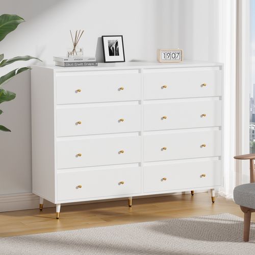 Commode 2x4 Tiroirs Bois Massif Commode Meuble De Rangement Pour Chambre Salon 40x120x98cm Blanche