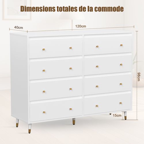 Commode 2x4 Tiroirs Bois Massif Commode Meuble De Rangement Pour Chambre Salon 40x120x98cm Blanche