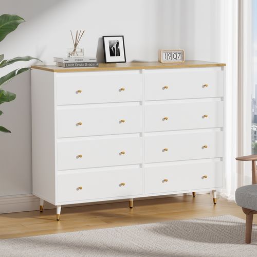 Commode 2x4 Tiroirs Bois Massif Commode Meuble De Rangement Pour Chambre Salon 40x120x98cm Blanche