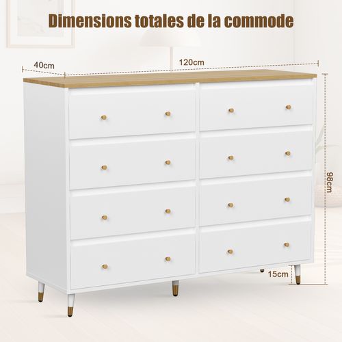 Commode 2x4 Tiroirs Bois Massif Commode Meuble De Rangement Pour Chambre Salon 40x120x98cm Blanche