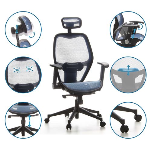 Fauteuil De Bureau Air-port Tissu Maille Bleu Avec Accoudoirs Rabattables