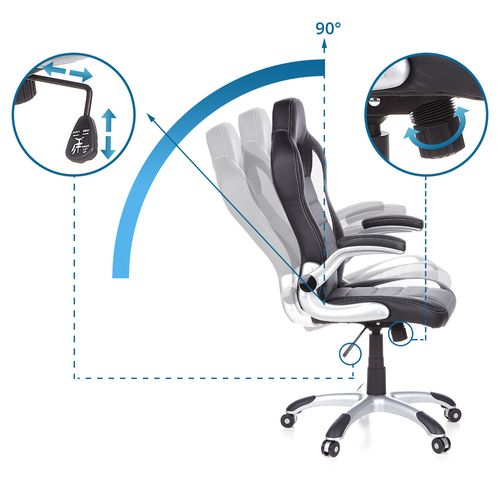 Fauteuil Gamer Game Sport Simili Noir/blanc/gris Accoudoirs Fournis, Surface Toucher Doux