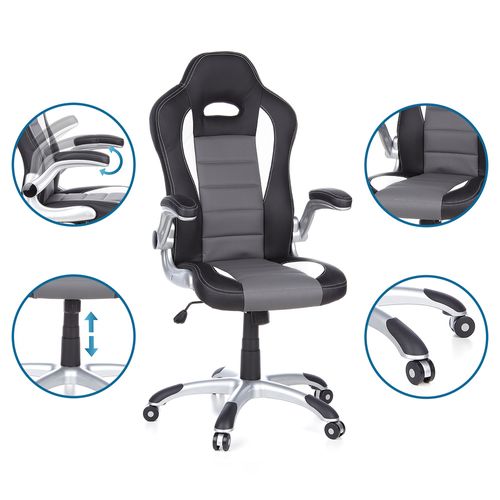 Fauteuil Gamer Game Sport Simili Noir/blanc/gris Accoudoirs Fournis, Surface Toucher Doux